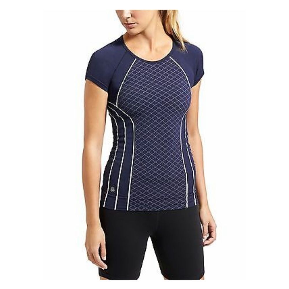 Athleta Finish Fast Line Tee, Navy/White SIZE M       #591287